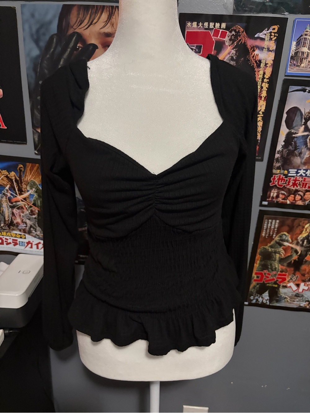 Black Ruched Sweetheart Long-Sleeve Blouse